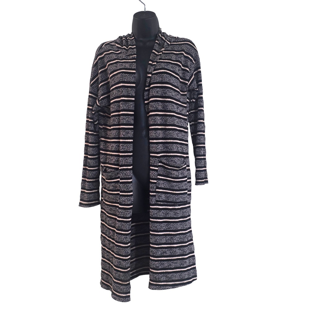 Everly Women Hooded Duster Cardigan Black Grey Striped Open Front Long Sweater S